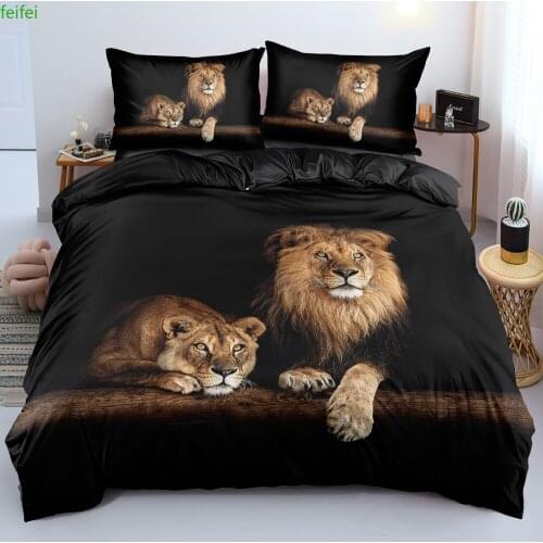 3D Lion Quilt Cover Sets Black Linens Bed Pillow Shams King Queen Super King Twin Double Full Size 180*200cm Animal Home Textile