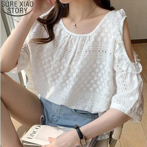 Korean Loose Off-shoulder Tops 2021 Summer New O-Neck Crochet Fashion Plus Size Clothing Women Short Sleeve Lace Blouse 14196