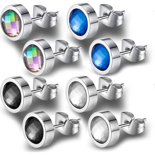 Fashion White/Black/Blue/Colorful Round Crystal Stud Earring for Men Boy Titanium Steel Mens Simple Party Jewelry
