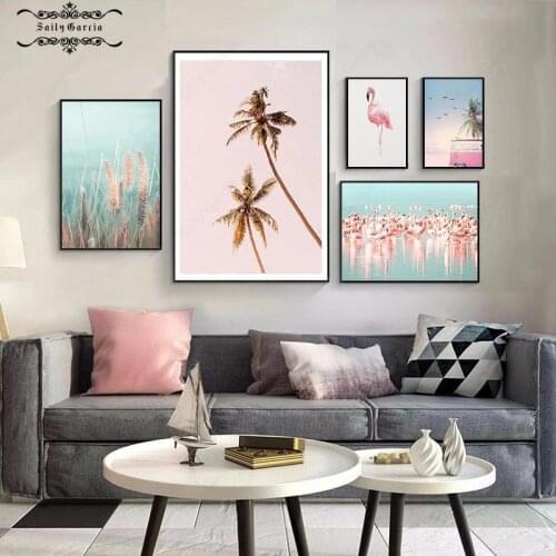 Nordic Pink Landscape Poster and Prints Wall Art Canvas Painting Flamingo Nature Sea Art Pictures for Living Room Modern Decor