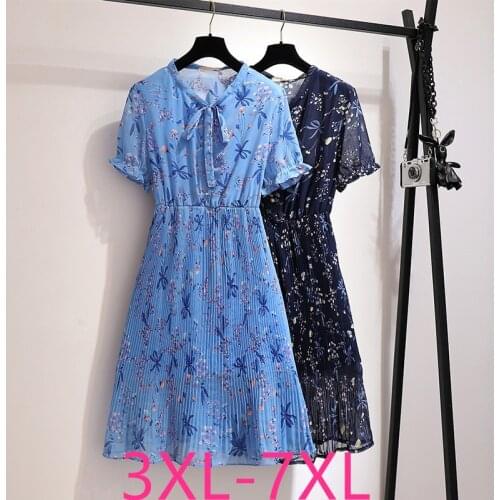 New summer plus size long dress for women large short sleeve casual elastic waist floral pleated dresses blue 4XL 5XL 6XL 7XL