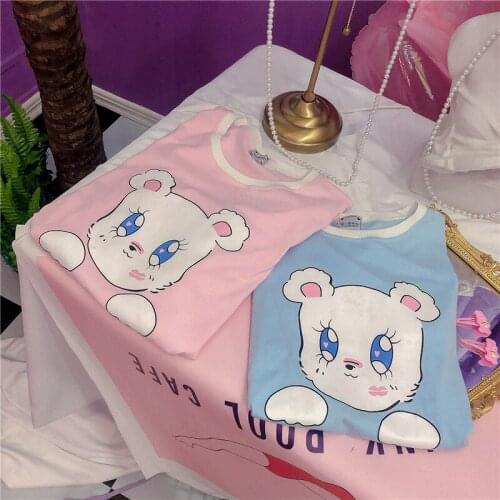 Cartoon Cat Sweet Womens Cotton T-Shirt Lovely Printing Summer Blouse Tops Short Sleeve Cute Girls Pink Blue
