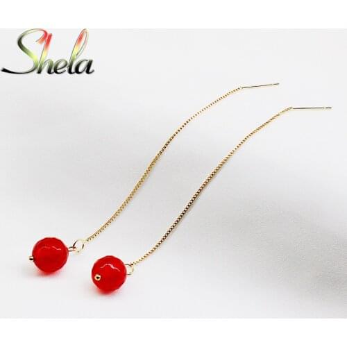 SHELA Long Red Trendy Drop Earrings for Women Geometric Polygon Semi-precious Stone Dangle Pendientes Adjustable Length Fashion