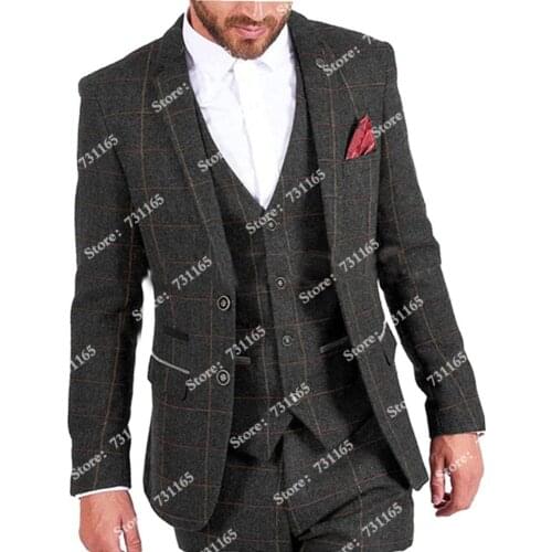 Tweed Wool Houndstooth Plaid Check Green Men Sutis For Business Blazers Custom Made 3 Pieces Jacekt+Vest+Pants Groom Wear 2021