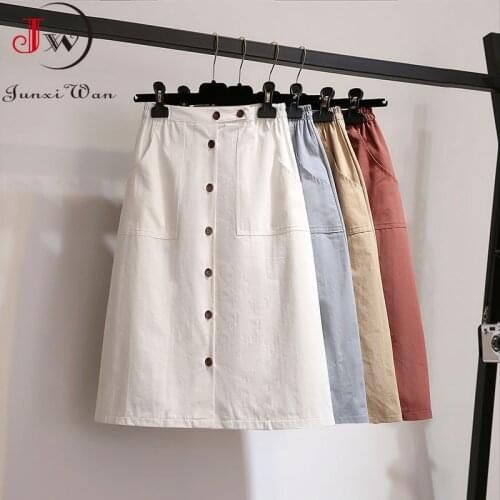 Women Summer Cotton Skirt Elegant Solid High Waist Spring Casual Single-Breasted Office Ladies A-Line Midi Skirt Jupe Femme