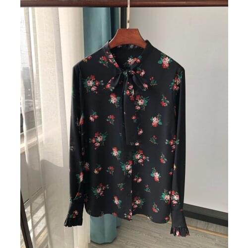 Women Shirt Spring / Summer 2020 New Shirt Silk Bow Floral Print Long-sleeved Shirt Blouses