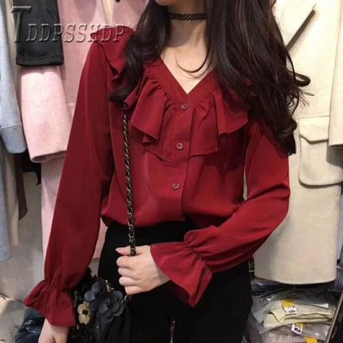 2020 Ruffles Burgundy White Black Women Blouse Fairy V Neck Female Chiffon Blouses