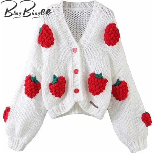 BlingBlingee Za 2021 Woman Casual Hand Made Chunky Knit Cardigan Traf Autumn Winter Female Sweaters Strawberry Loose Crop Tops