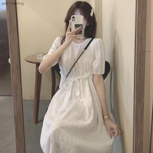 2021 Summer New Dress Female Pure Color Gentle Wind Is Thin White Long First Love Waist Fashion Temperament Round Neck