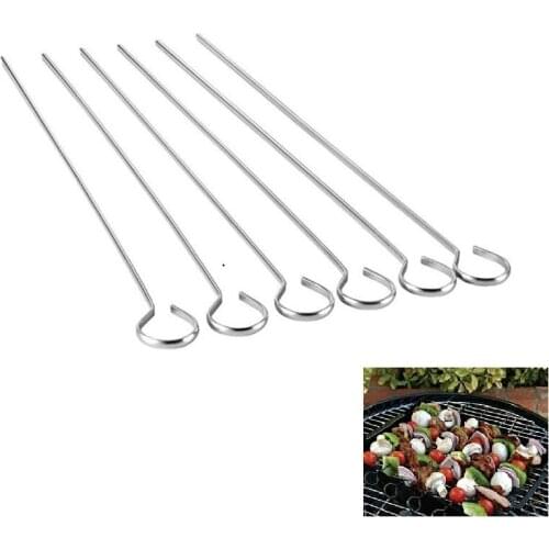 6pcs 12.5" BBQ Skewer Flat Wide Metal Skewers Round Tip Handle Shish Kebab Grilling Skewers Barbecue Sticks Needle BBQ Tools