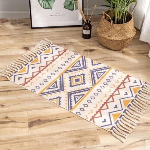 60x90cm Retro Bohemian Hand Woven Tassel Carpet for Home Living Room Window Bedside Linen Rug Table Runner Door Mat Home Decor