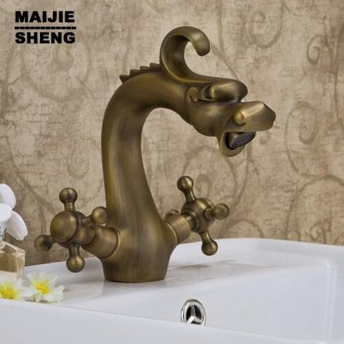 Antique Brass Dragon faucet water mixer bathroom Faucet.Dual clawfoot handle Wash basin faucet art faucet