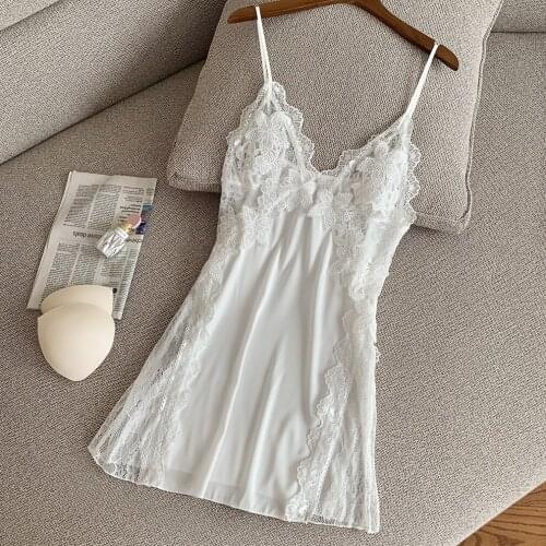 White Pure Bride Wedding Nightdress Sexy Faux Silk Nightgown Female Summer Strap Nighty Lace Perspective Sleepwear Intimate Gown