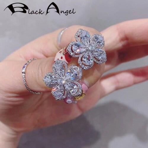 BLACK ANGEL Fashion 925 Silver Elegant Cherry Blossoms Stud Earrings for Women Crystal Flower CZ Wedding Jewelry Christmas Gift