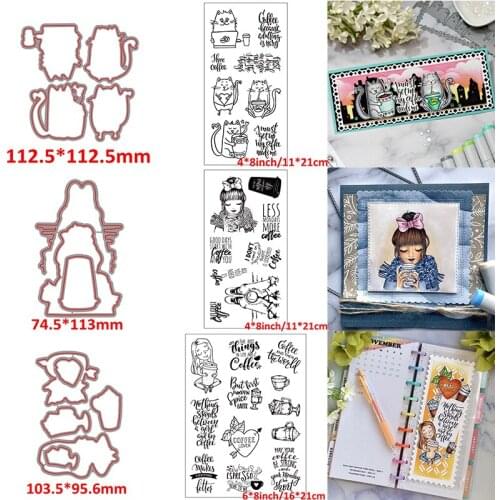Coffee Girls Cat Cup Lover Metal Cutting Dies with Coordinating Clear Stamps Common Words Phrase DIY Scrapbooking 2020 New