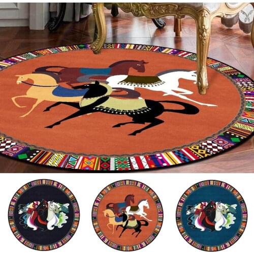 Round Rug For Bedroom 3D Horse Print Carpet Living Room Decor Luxury Ethnic Black Blue Orange Computer Chair Floor Mat Anti-Slip