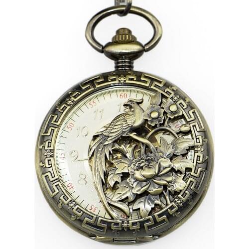Top Brand Bronze Men Momen Mechanical Pocket Watch Phoenix Bird Engraved Skeleton Dial Animal Hand Winding Fob Watches PJX1340
