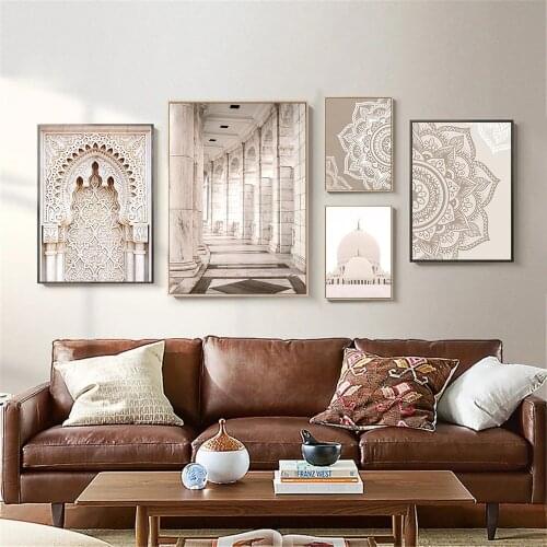 Mandala Floral Beige Boho Wall Art Canvas Print Mosque Morocco Door Painting Islamic Poster Wall Pictures Living Room Home Decor