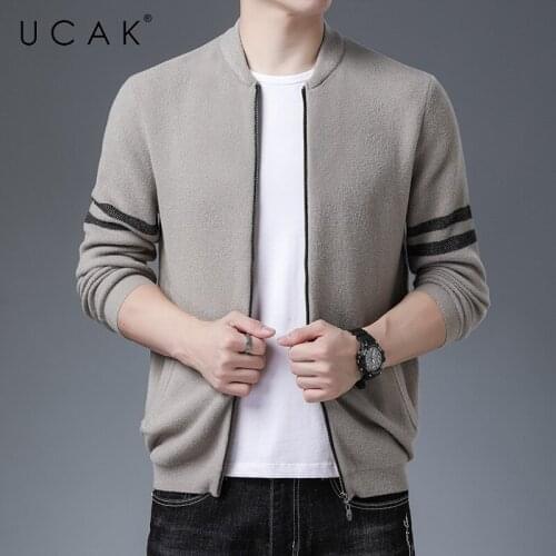 UCAK Brand Classic Casual V-Neck Zipper Cardigans Men Sweatercoat Clothing Autumn Streetwear Striped Cardigan Pull Homme U1262