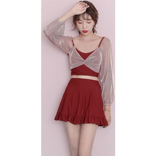 2021 New Korean Style Beach Swimsuit Short Sleeve Bikini Set High Waist Biquini Sport Swim Bodysuit Push Up Padded Swimwear