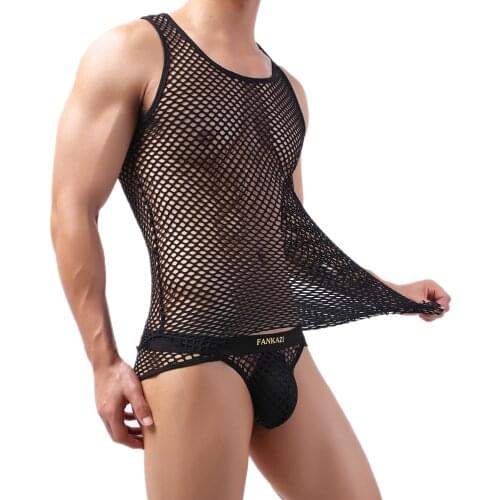 Sexy Men Sleeveless Undershirt with Briefs Mesh See Through Vest Tank Tops Gay Penis Pouch Briefs Jockstraps Sexy Underwear 2pc