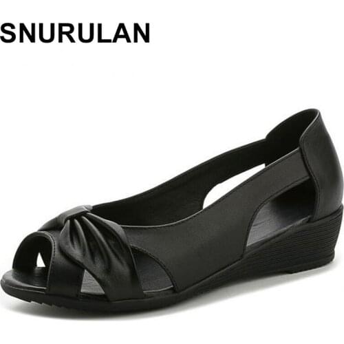 SNURULAN Genuine Leather Wedges Shoes Women Peep Toe Summer Sandals For Woman Genuine Flat Platform Shoes Sandals Zapatos Mujer