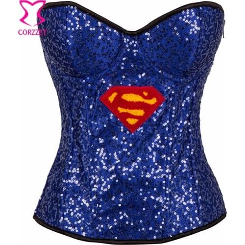 Blue Sequin Party Wonder Super Woman Sexy Corset Gothic Clothing Corsets And Bustiers Burlesque Costumes Espartilhos E Corpetes