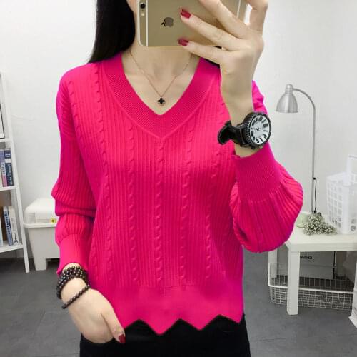 V-neck Womens Sweater Spring New Solid Color Bottom Coat Lady Autumn And Winter Wear Slim Large Size Top Foreign Style Sweater