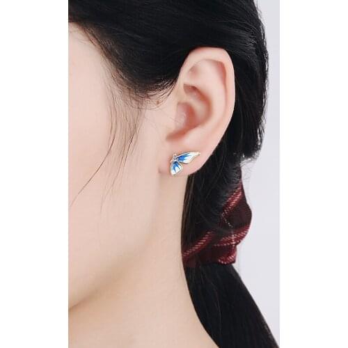 Vintage Ethnic Enamel Butterfly Stud Earrings For Women Epoxy Gradient Blue Earring Stud Elegant Earring Piercing Accessories