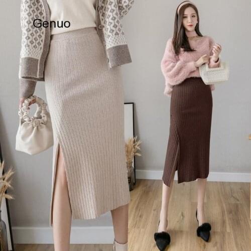 Knitting Skirt High Waist Autumn Winter OL Long Split One Step Skirt Women Open Slit Knitted Casual Vintage Maxi Skirt