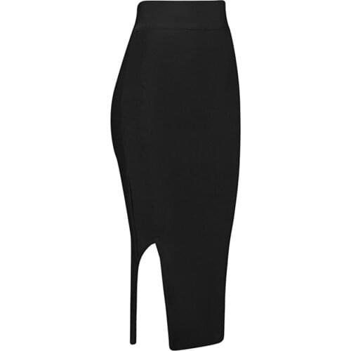 2020 newest black open fork elastic high waist rayon knee length bandage pencil skirt