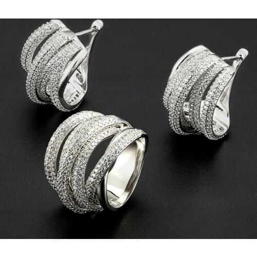 Zlxgirl jewelry Rhodium silver color womens wedding jewelry sets brand CZ zircon copper stud earring with ring bijoux sets