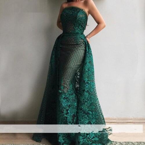 Green Muslim Evening Dresses Mermaid Strapless Appliques Lace Beaded Dubai Saudi Arabic Long Formal Evening Gown