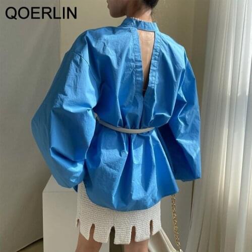 QOERLIN Two-wear Cut-out Shirt Women Single-Breasted Chic Oversize White Shirts Big Size Stand Collar Elegant Lady Shirt Top