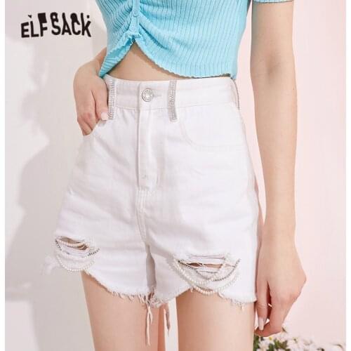 ELFSACK Solid Pearl Chain Rhinestone High Waist Smart Casual Women Denim Shorts 2021 Summer Korean Ladies Basic Daily Bottoms