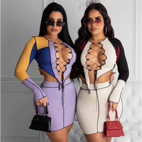 2021 New Chest Lace Sexy Hollow Hit Color Crop Top Mini Short Skirt Reverse Car Side Two Piece Set Women Fashion Clothes Sets