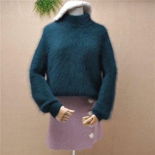 Ladies women fashion hairy thick warm mink cashmere turtleneck long sleeved loose pullover angora rabbit hair winter warm jumper