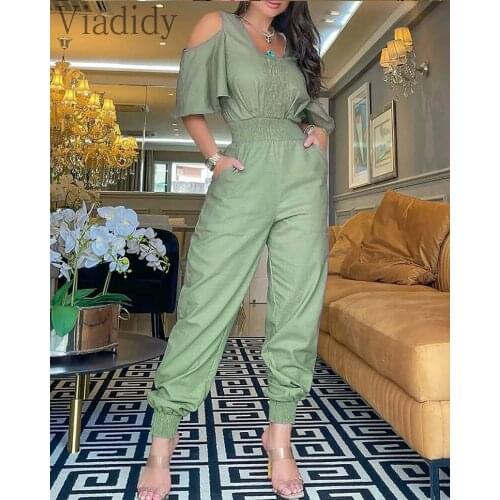 Women Casual Off Shoulder Solid Color Ruched High Waist Jumpsuit