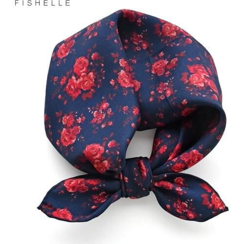 Deep Blue printed red flower bandana silk twill scarf for women 100% real silk scarves 50cm small square shawl ladies headband