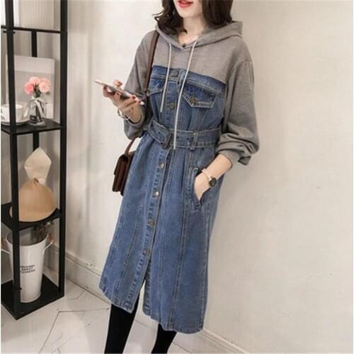 2021 Autumn Winter Korean Hooded Stitching Denim Dress Women Casual Loose Buttons Waist Split Long sleeve Jeans Dress With belt