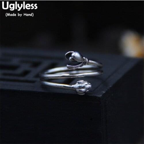 Uglyless Real S925 Sterling Silver 2 Circles Women Adjustable Finger Rings Handmade Lotus Flower Ring Ethnic Vintage Fine Bijoux