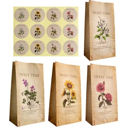 12pcs Flower Design Kraft Paper Treat Bags Home Wedding Christmas Party Favor Bags DIY Candy Cookie Stand Up Gift Wrap Bags
