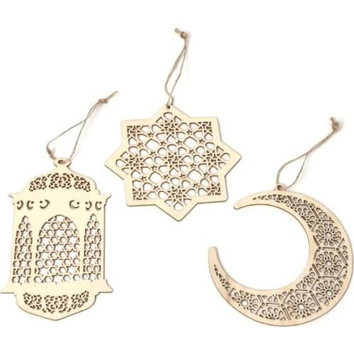 3Pcs/Set DIY Islam Eid Ramadan Mubarak Hollow Decoration Wooden Golden Hanging Lantern Baubles