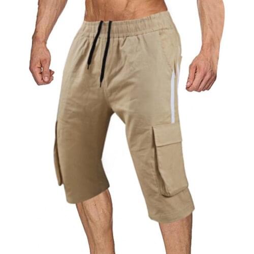 Capri Pants Color Block Multi Pockets Men Mid Rise Drawstring Shorts for Fitness Cargo Pants Men Loose Work Casual Short