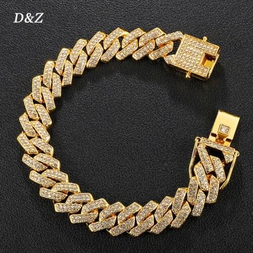 D&Z New 13.5mm Cuban Link Bracelet Bling Iced Out Rhinestone Miami Link For Male&Females Hip Hop Street Bracelets Jewelry