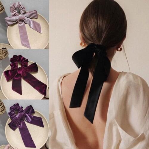 Women Girl Velvet Large Scrunchies Ribbon Streamer Bowknot Elastic Hair Ties Bands Vintage Solid Color Ponytail Holder
