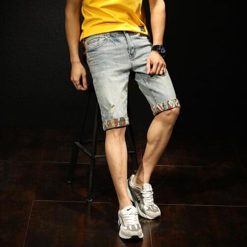 2021 Summer New Short Jeans Men Cotton Stretch Hole Straight Denim Shorts Retro Ripped Knee Length Jean