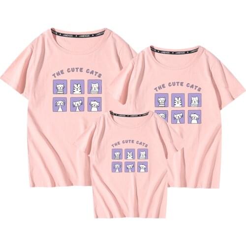 100%Cotton Family Matching T Shirts Summer Short Sleeve Father Mother Kids Tshirts Cute Cats Graphic Tees For Boys GIrls