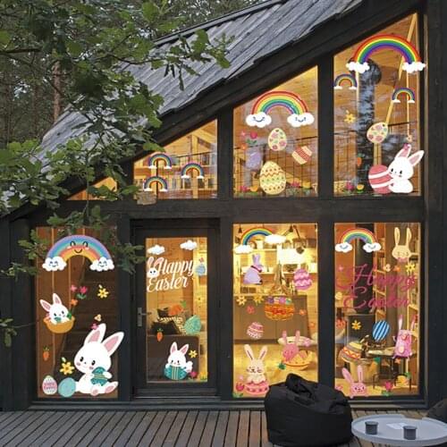 Happy Easter Bunny Egg Electrostatic Sticker Window Glass No Glue Refrigerator Sticker Home Decoration Mall Easter Wall Stickers