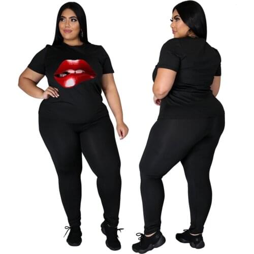 Summer Plus Size Sets 5xl Women Wholesale Two Piece Set Lip Print Casual Streetwear Sports Jogging Suit Tracksuit Dropshipping